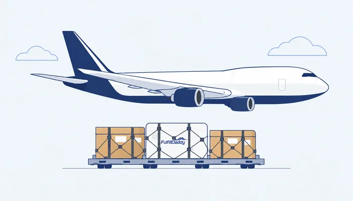 Cargo aircraft and FulfillDaddy branded freight, AI-generated flat illustration