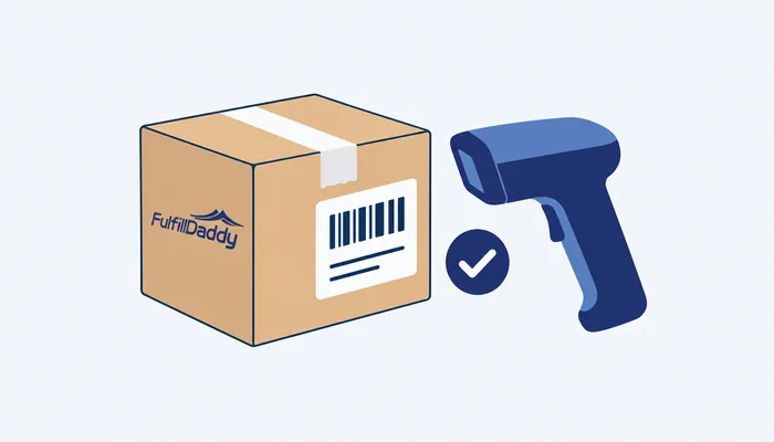 Barcode check of a FulfillDaddy parcel, AI-generated flat illustration