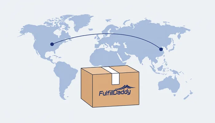 FulfillDaddy parcel and world shipping route, AI-generated flat illustration