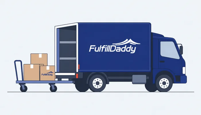 FulfillDaddy branded delivery truck and parcels, AI-generated flat illustration