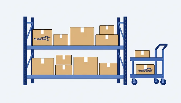 Warehouse shelves and FulfillDaddy cartons, AI-generated flat illustration